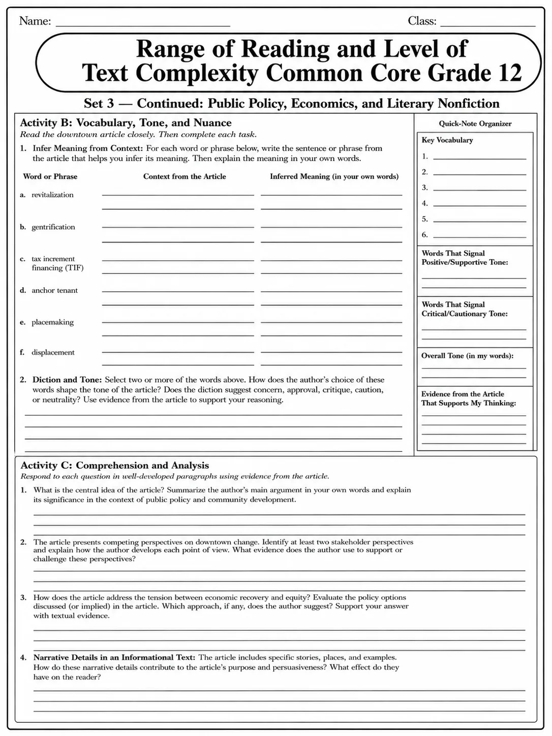 Range of Reading and Level of Text Complexity Common Core Grade 12 page 9 printable Common Core ELA worksheet preview