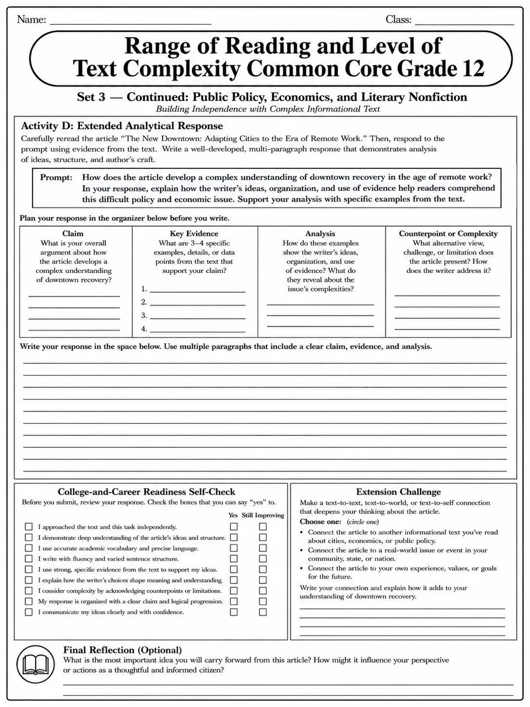 Range of Reading and Level of Text Complexity Common Core Grade 12 page 10 printable Common Core ELA worksheet preview
