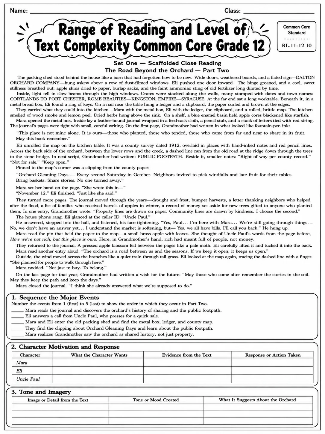 Range of Reading and Level of Text Complexity Common Core Grade 12 page 2 printable Common Core ELA worksheet preview