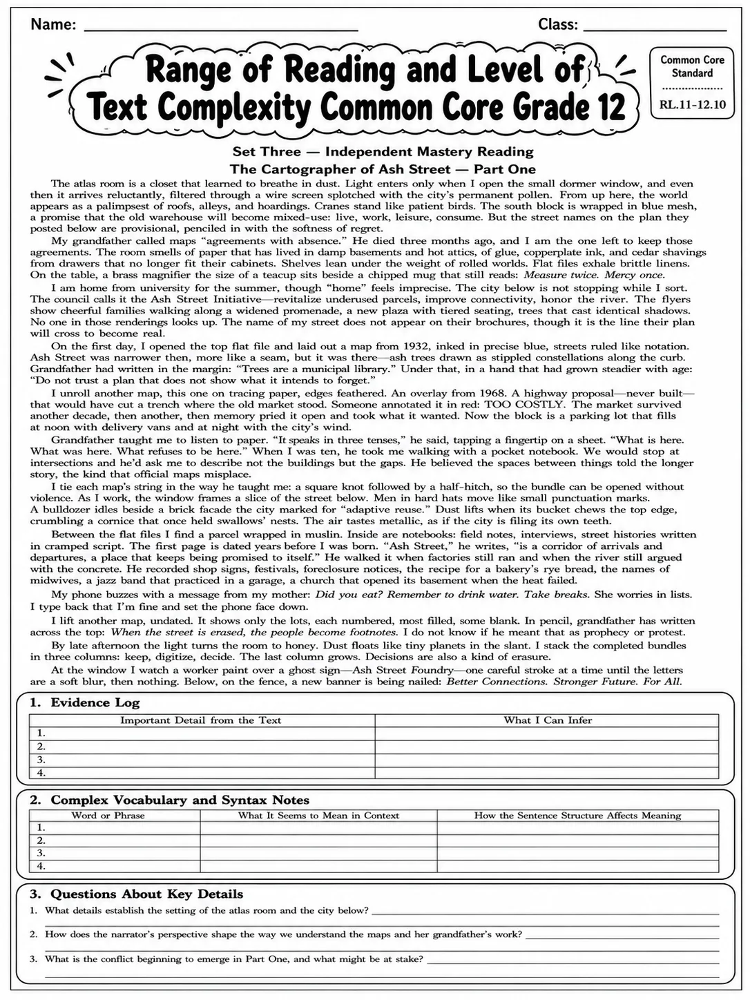 Range of Reading and Level of Text Complexity Common Core Grade 12 page 7 printable Common Core ELA worksheet preview