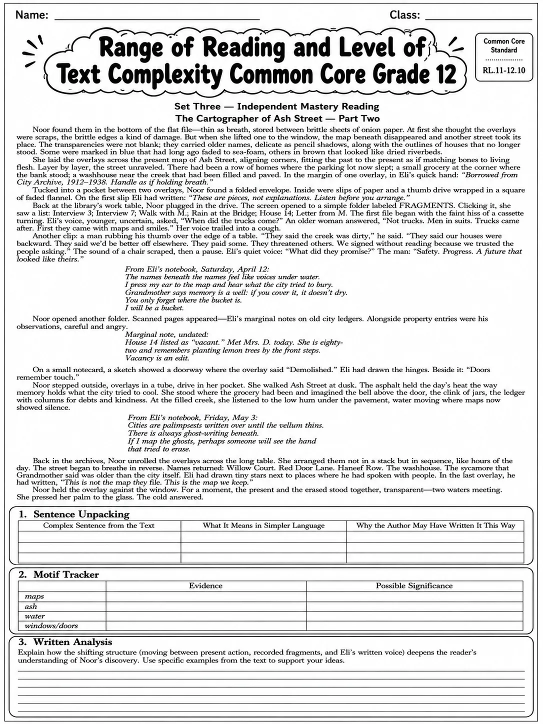 Range of Reading and Level of Text Complexity Common Core Grade 12 page 8 printable Common Core ELA worksheet preview