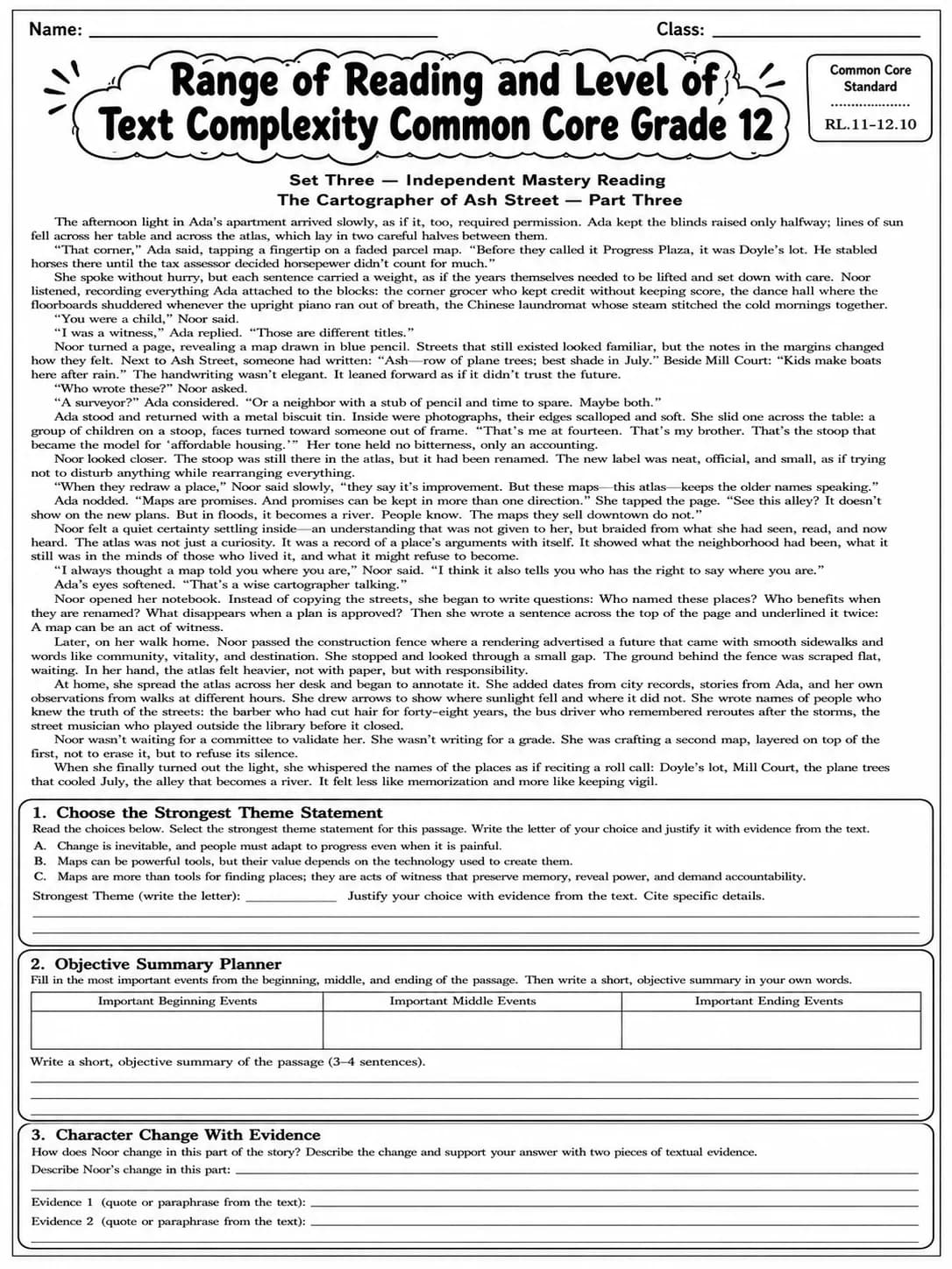 Range of Reading and Level of Text Complexity Common Core Grade 12 page 9 printable Common Core ELA worksheet preview