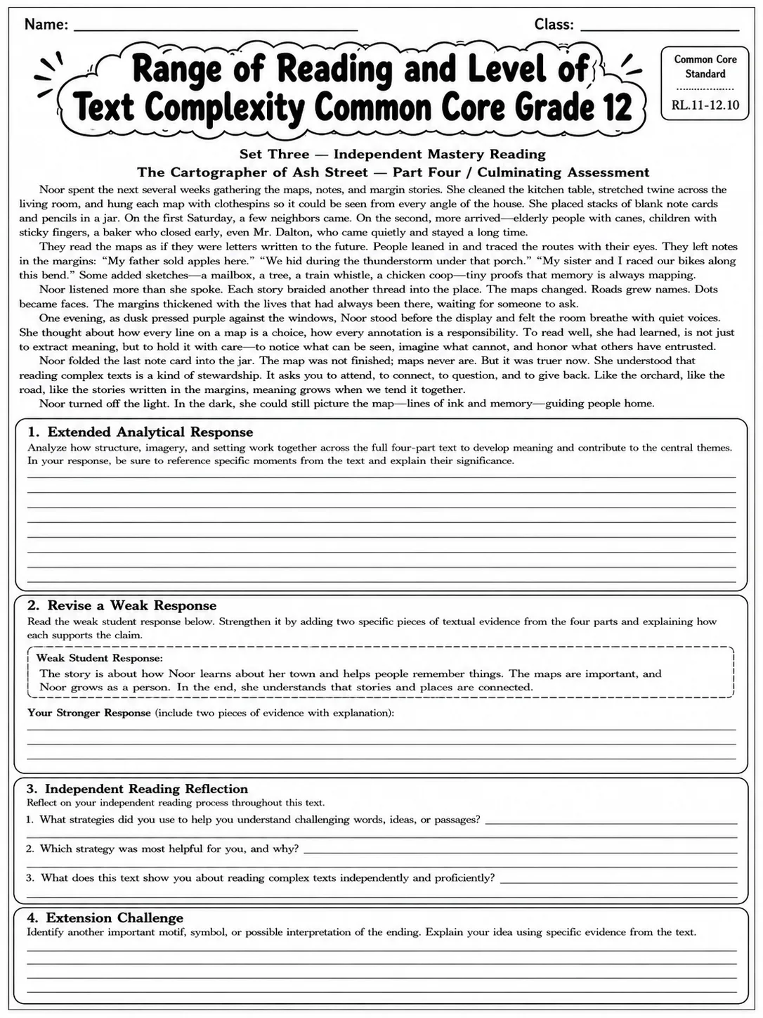 Range of Reading and Level of Text Complexity Common Core Grade 12 page 10 printable Common Core ELA worksheet preview