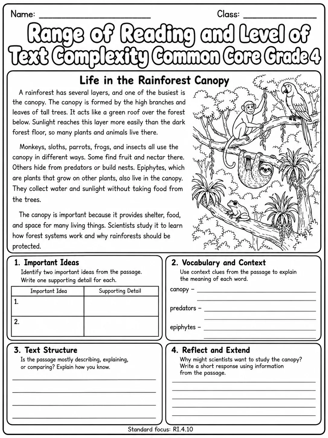 Range of Reading and Level of Text Complexity Common Core Grade 4 page 7 printable Common Core ELA worksheet preview