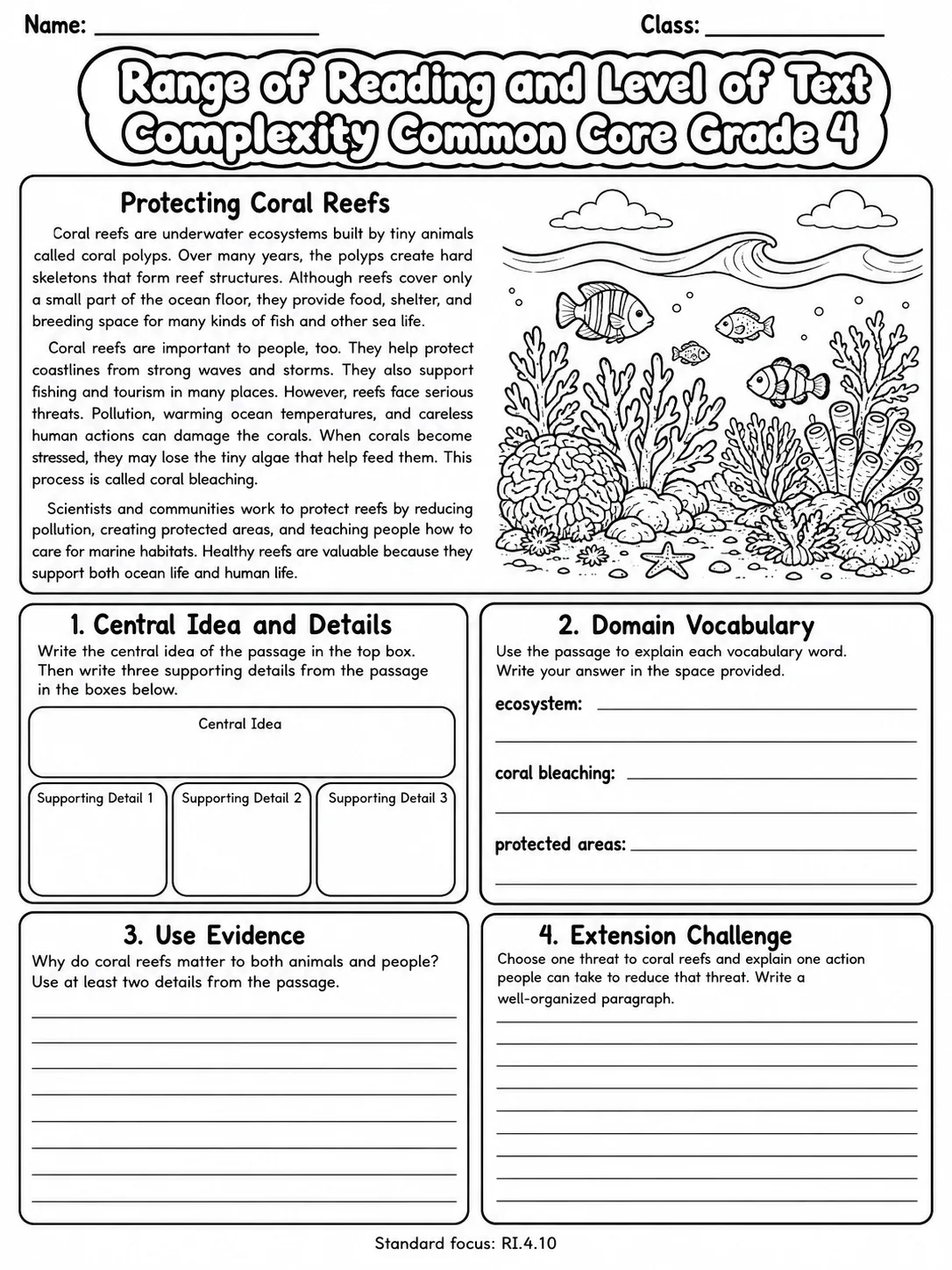 Range of Reading and Level of Text Complexity Common Core Grade 4 page 10 printable Common Core ELA worksheet preview