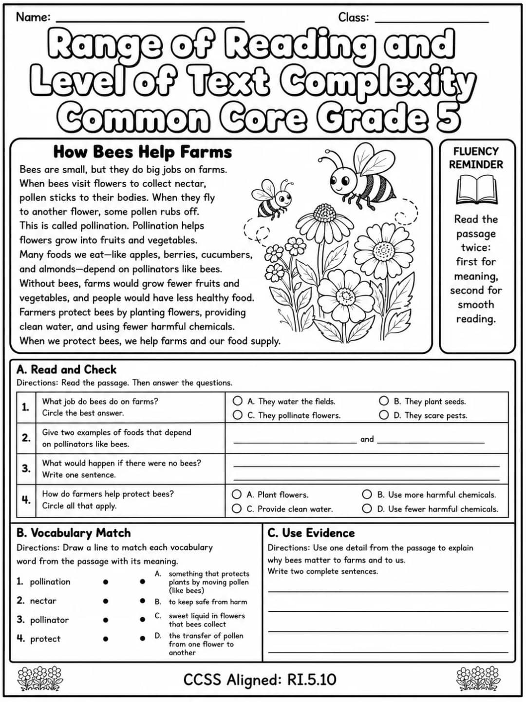 Range of Reading and Level of Text Complexity Common Core Grade 5 printable Common Core ELA Grade 5 worksheet preview from KiwiBee