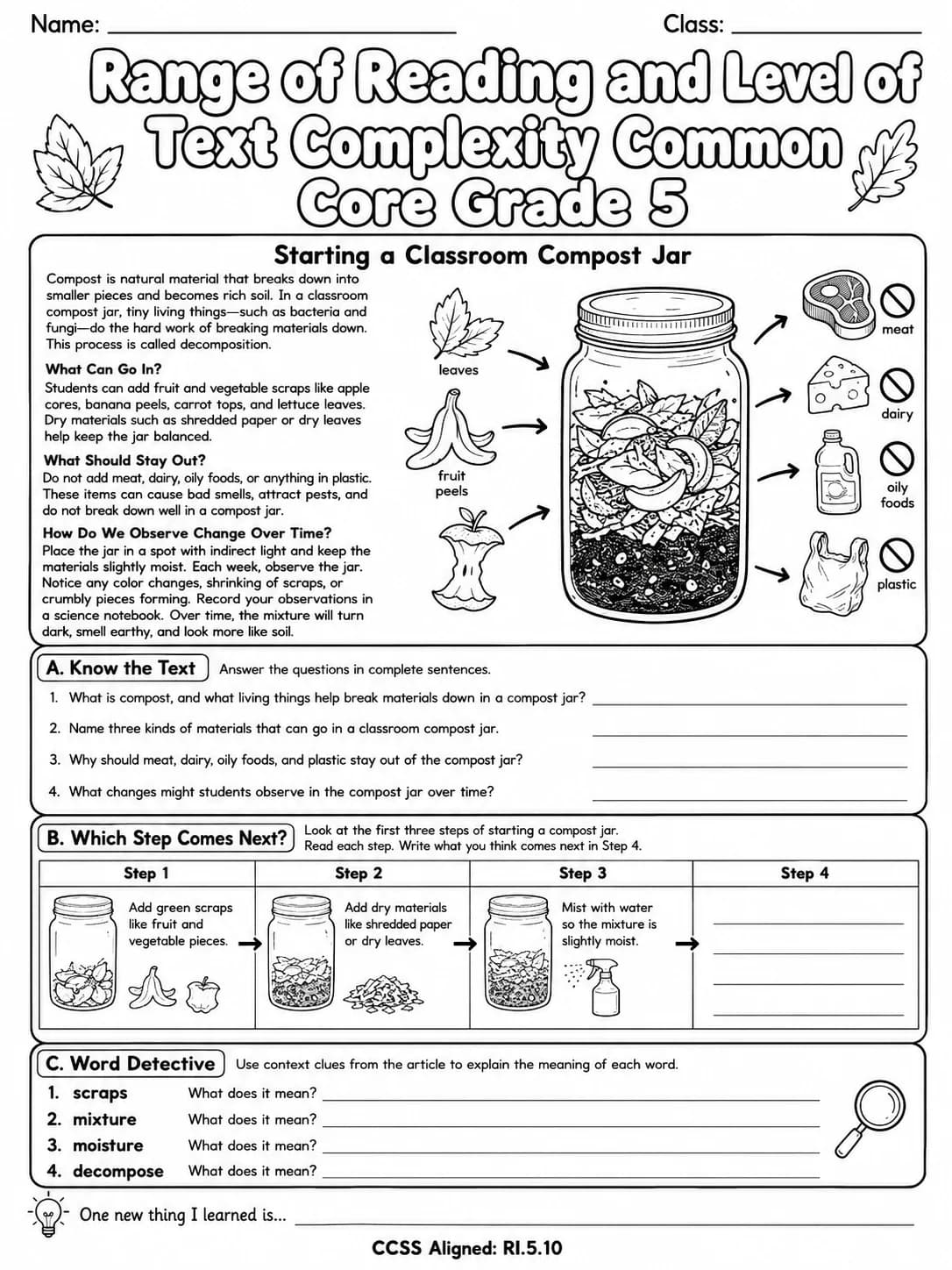 Range of Reading and Level of Text Complexity Common Core Grade 5 page 3 printable Common Core ELA worksheet preview