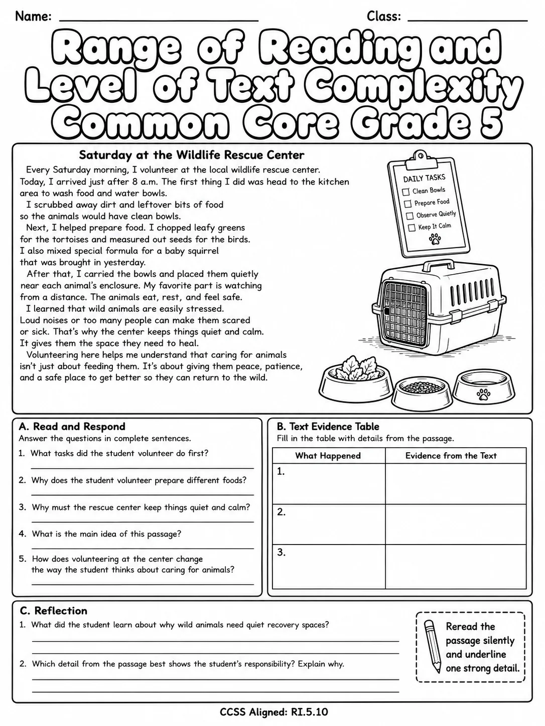 Range of Reading and Level of Text Complexity Common Core Grade 5 page 4 printable Common Core ELA worksheet preview