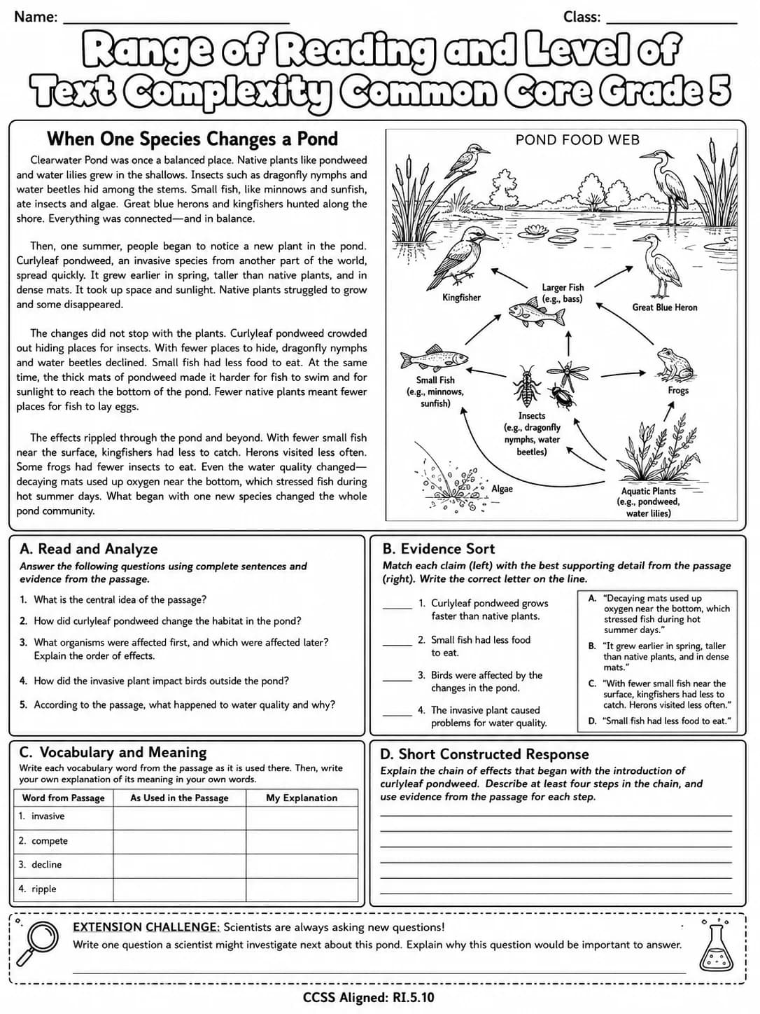 Range of Reading and Level of Text Complexity Common Core Grade 5 page 8 printable Common Core ELA worksheet preview