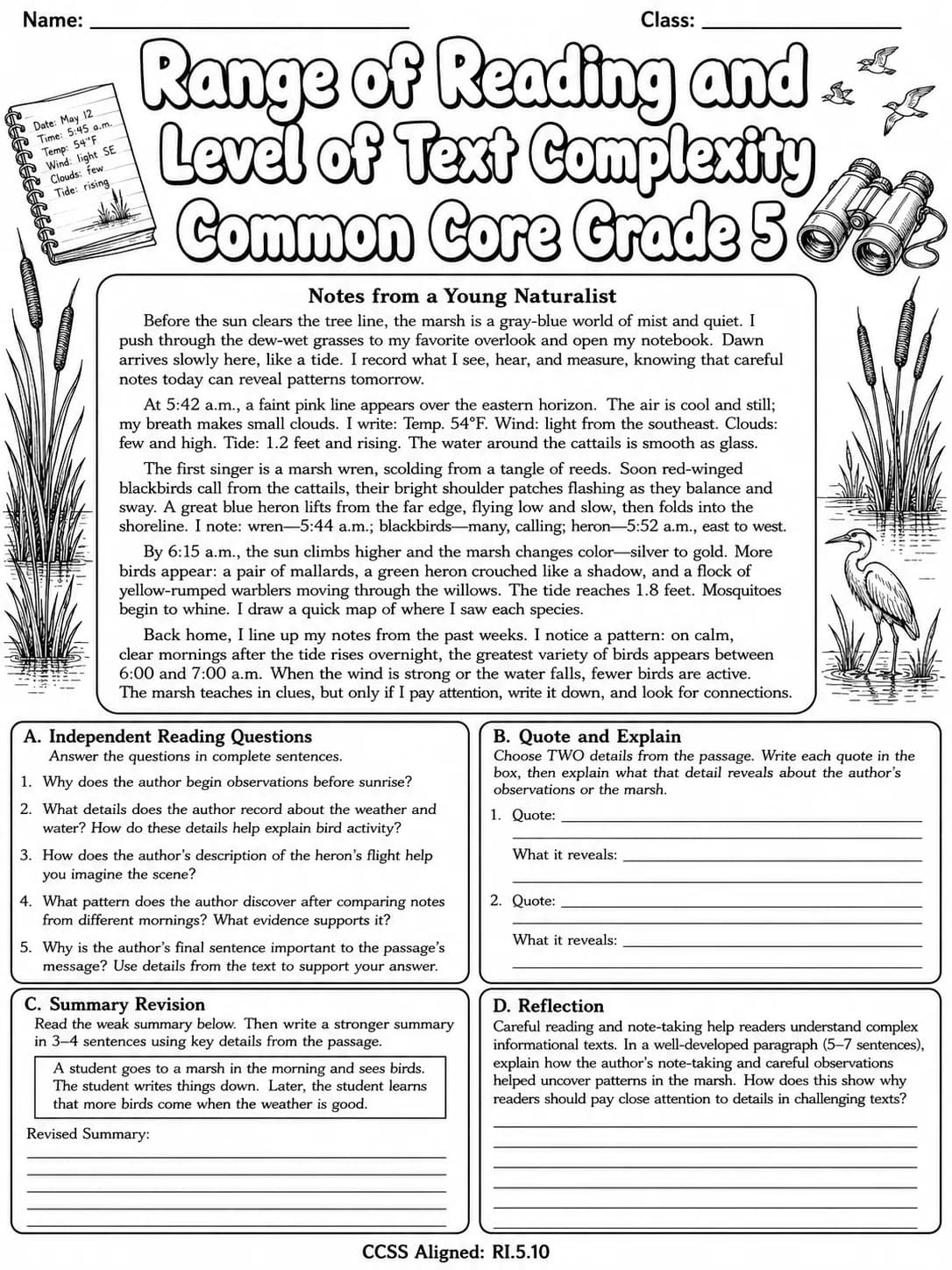 Range of Reading and Level of Text Complexity Common Core Grade 5 page 9 printable Common Core ELA worksheet preview