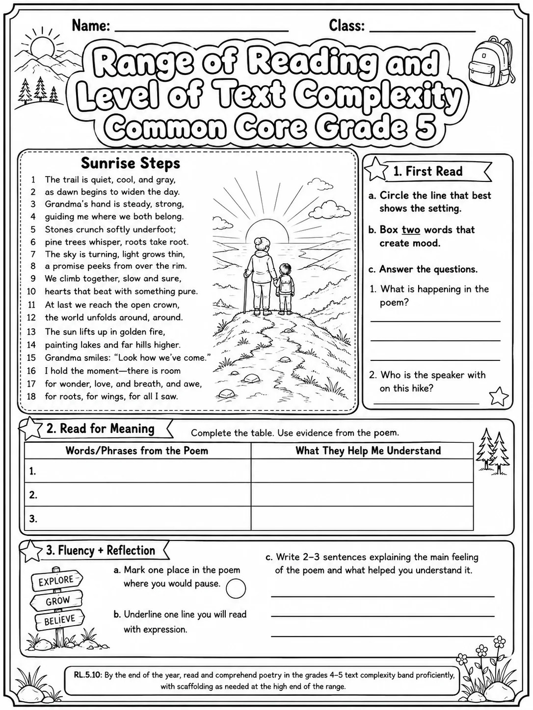 Range of Reading and Level of Text Complexity Common Core Grade 5 page 2 printable Common Core ELA worksheet preview
