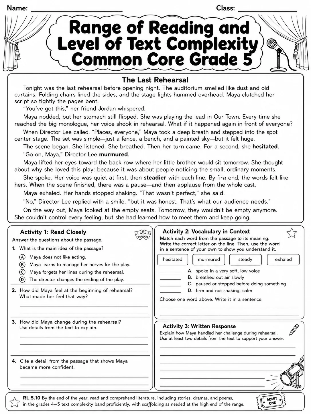 Range of Reading and Level of Text Complexity Common Core Grade 5 page 4 printable Common Core ELA worksheet preview