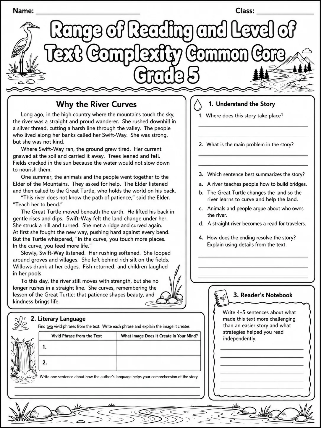 Range of Reading and Level of Text Complexity Common Core Grade 5 page 5 printable Common Core ELA worksheet preview