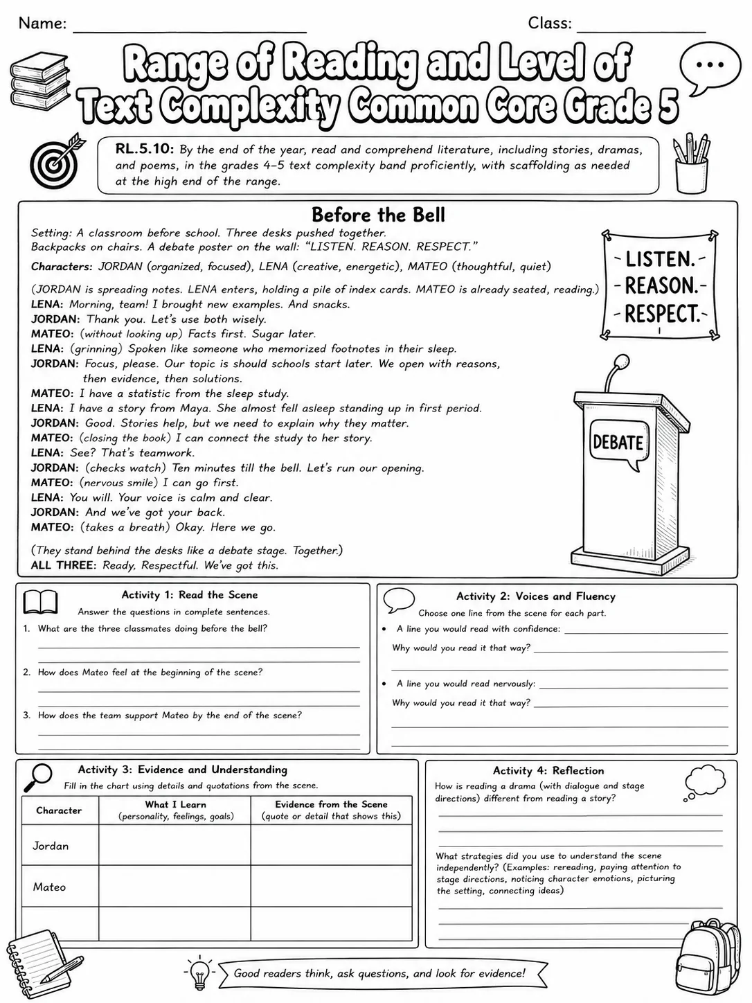 Range of Reading and Level of Text Complexity Common Core Grade 5 page 6 printable Common Core ELA worksheet preview