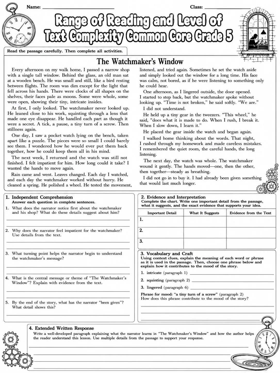 Range of Reading and Level of Text Complexity Common Core Grade 5 page 10 printable Common Core ELA worksheet preview