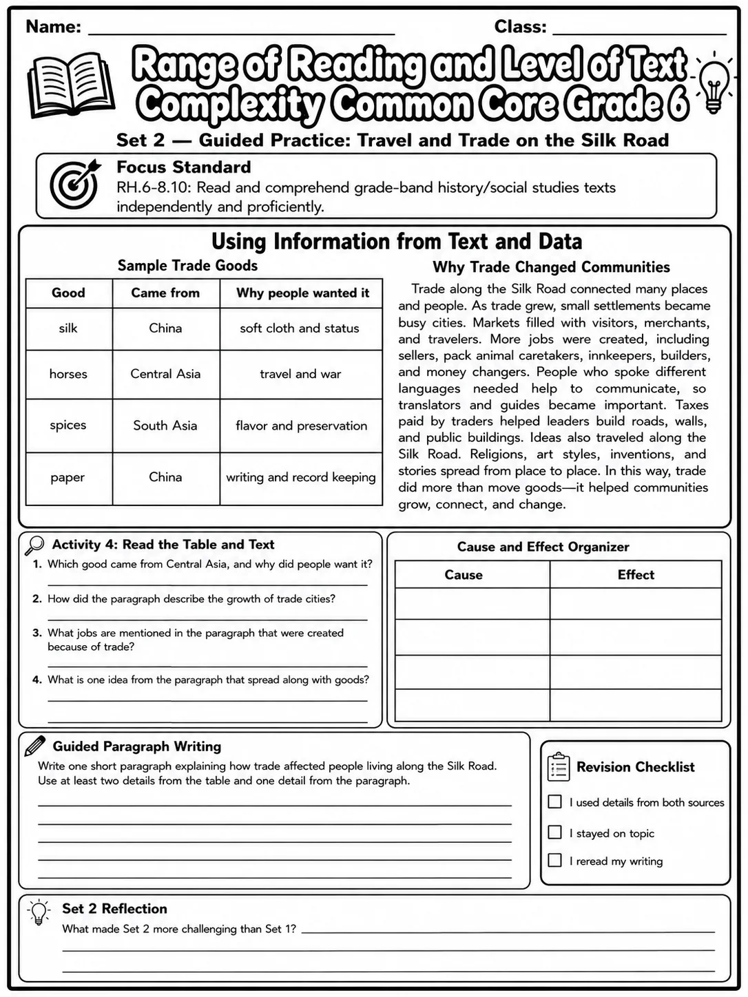 Range of Reading and Level of Text Complexity Common Core Grade 6 page 6 printable Common Core ELA worksheet preview