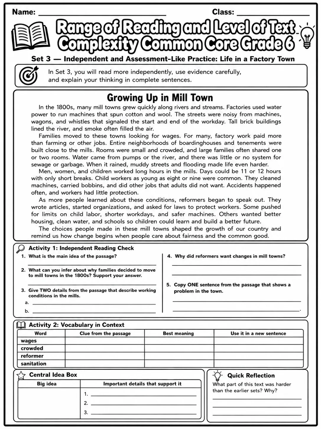 Range of Reading and Level of Text Complexity Common Core Grade 6 page 7 printable Common Core ELA worksheet preview