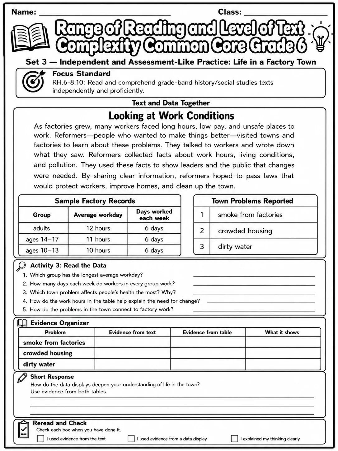 Range of Reading and Level of Text Complexity Common Core Grade 6 page 8 printable Common Core ELA worksheet preview