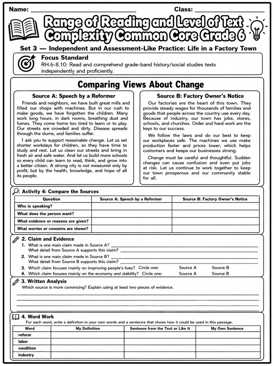 Range of Reading and Level of Text Complexity Common Core Grade 6 page 9 printable Common Core ELA worksheet preview