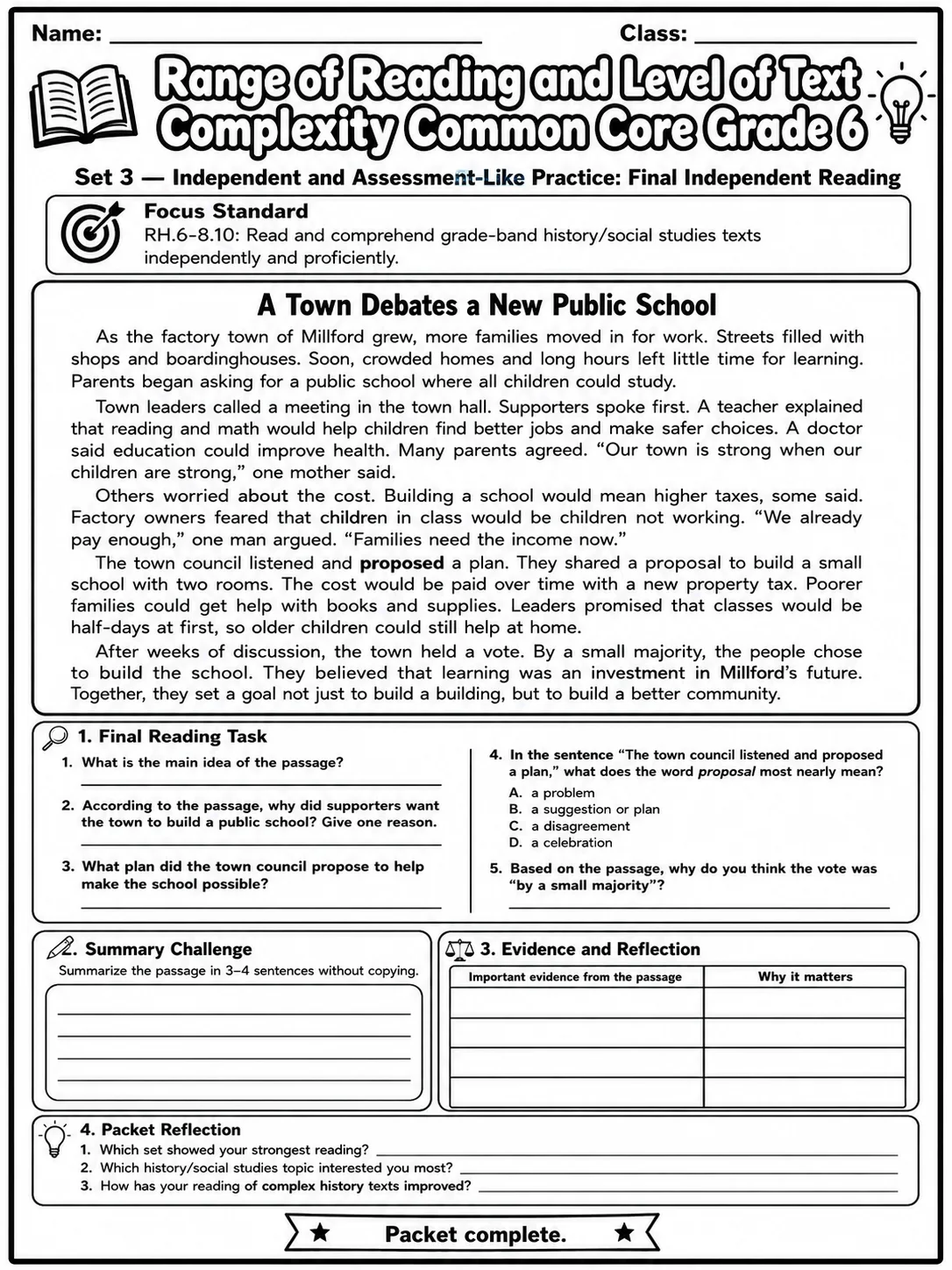 Range of Reading and Level of Text Complexity Common Core Grade 6 page 10 printable Common Core ELA worksheet preview