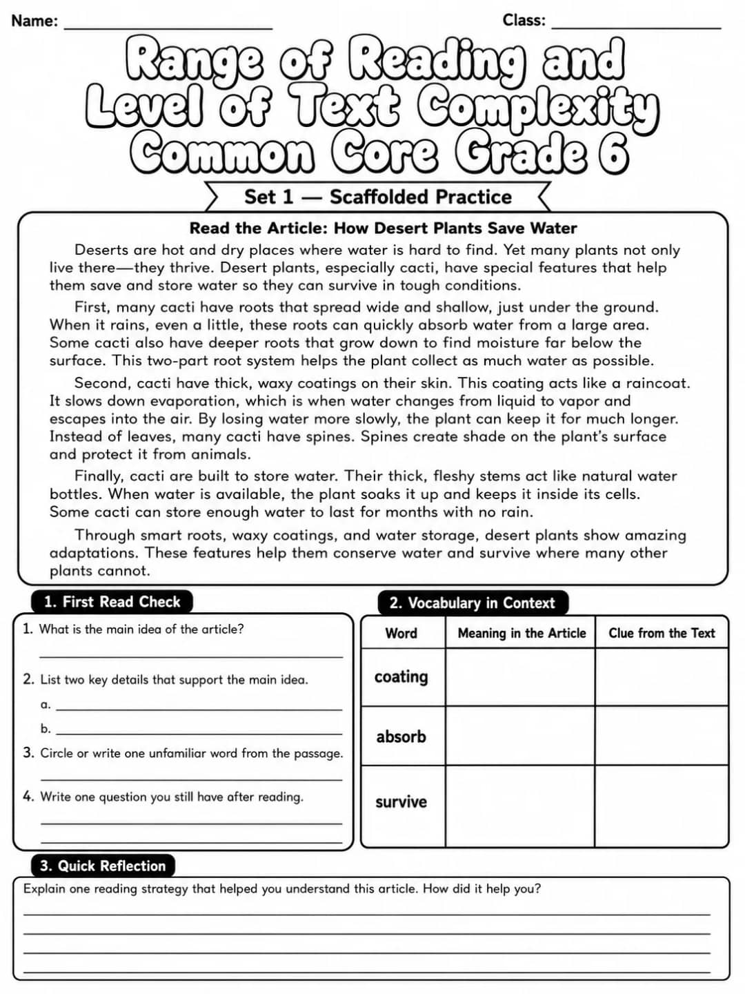 Range of Reading and Level of Text Complexity Common Core Grade 6 printable Common Core ELA Grade 6 worksheet preview from KiwiBee