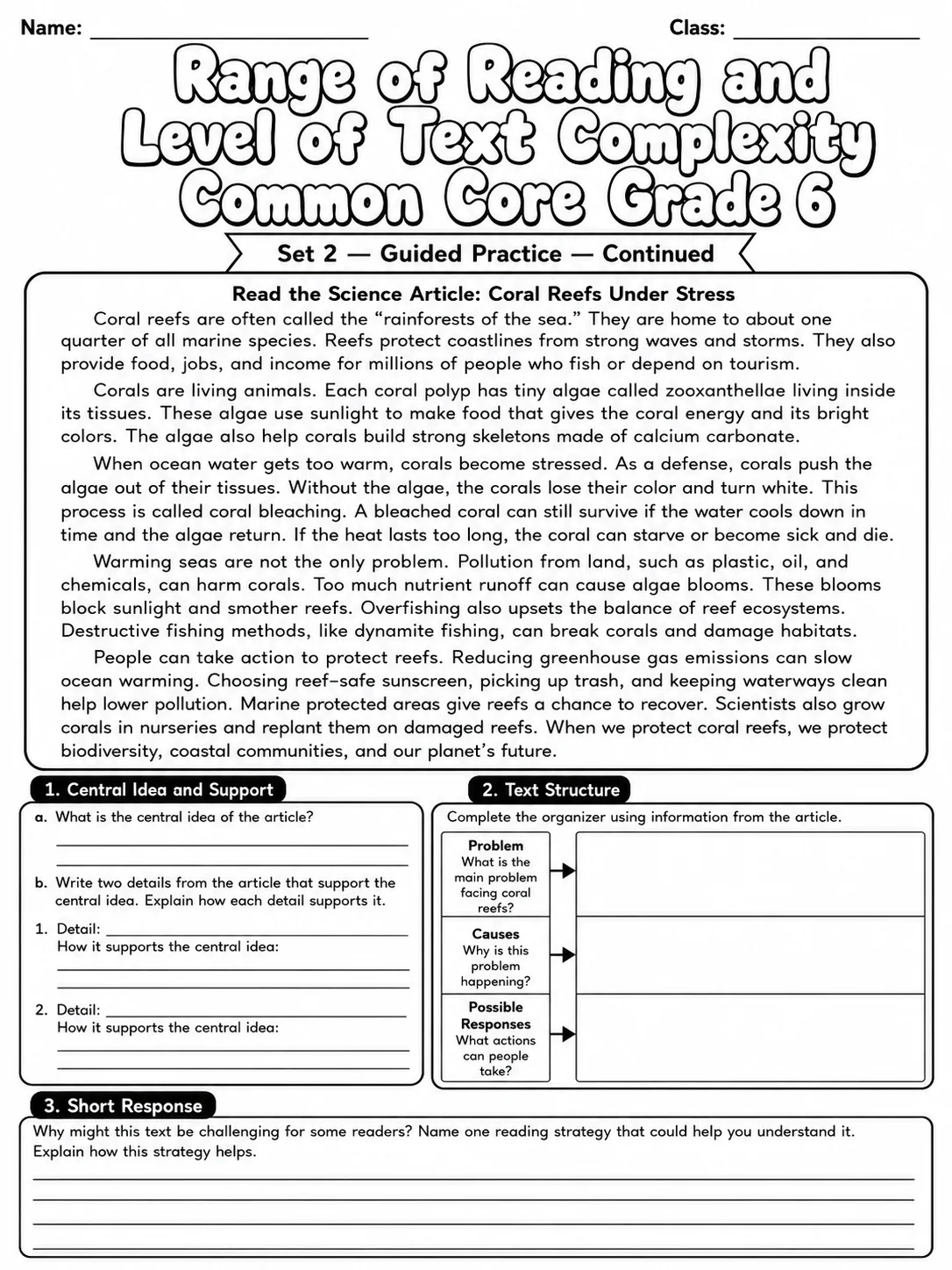 Range of Reading and Level of Text Complexity Common Core Grade 6 page 6 printable Common Core ELA worksheet preview