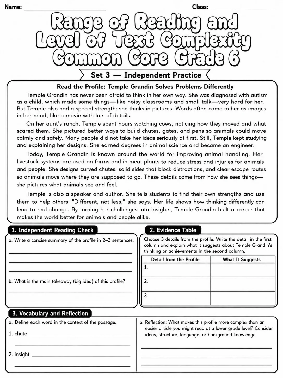 Range of Reading and Level of Text Complexity Common Core Grade 6 page 7 printable Common Core ELA worksheet preview