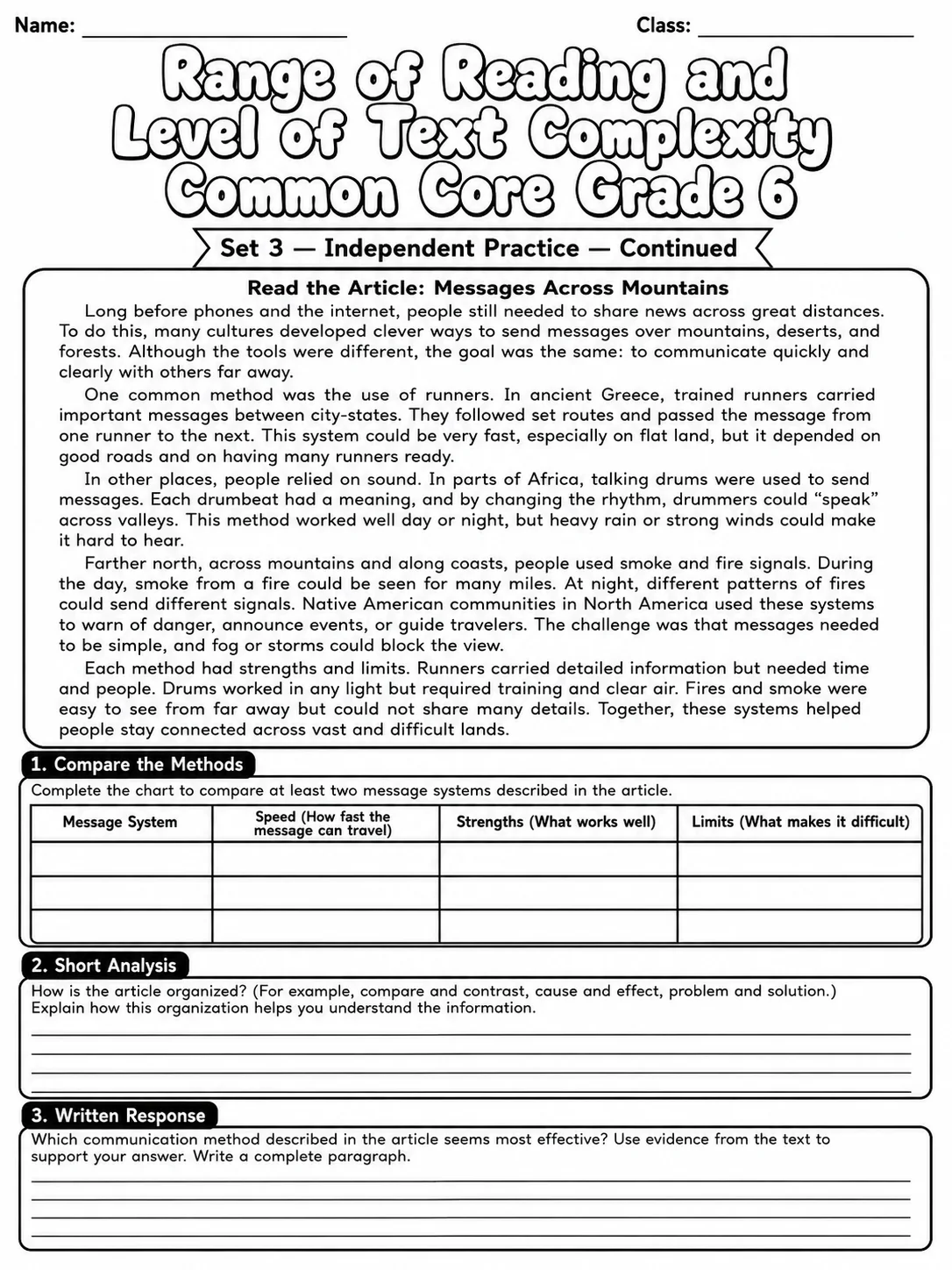 Range of Reading and Level of Text Complexity Common Core Grade 6 page 8 printable Common Core ELA worksheet preview