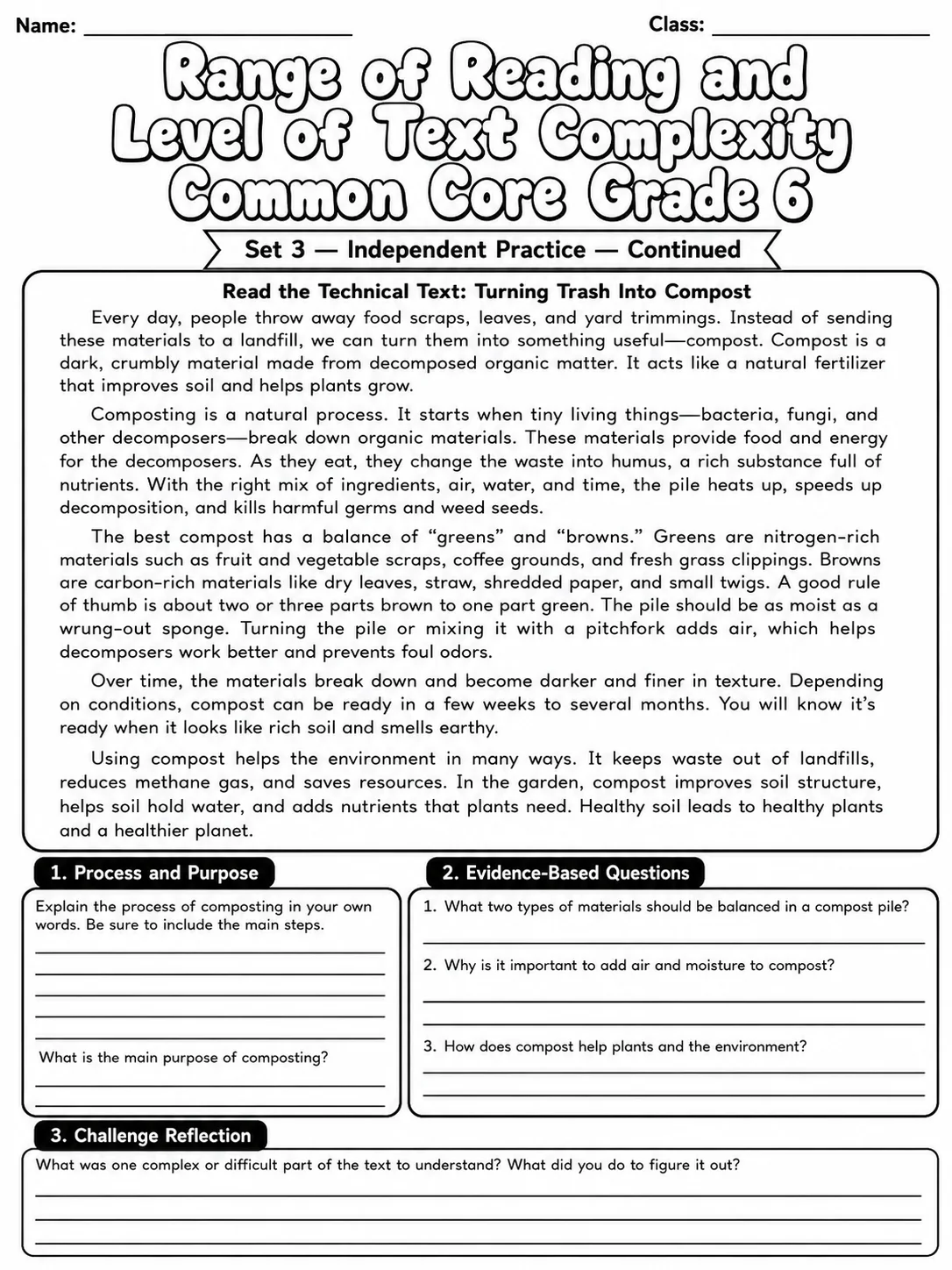 Range of Reading and Level of Text Complexity Common Core Grade 6 page 9 printable Common Core ELA worksheet preview