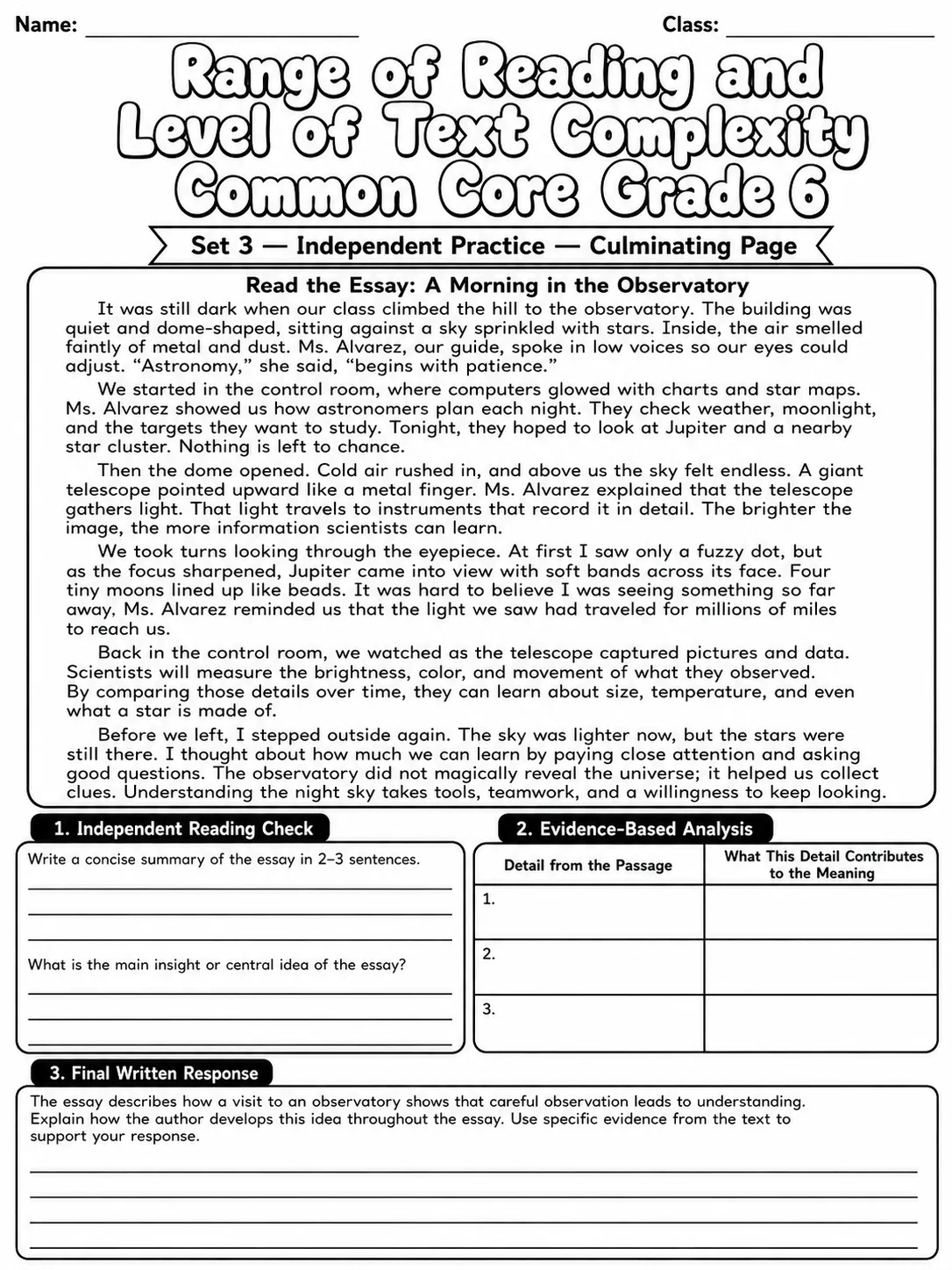 Range of Reading and Level of Text Complexity Common Core Grade 6 page 10 printable Common Core ELA worksheet preview