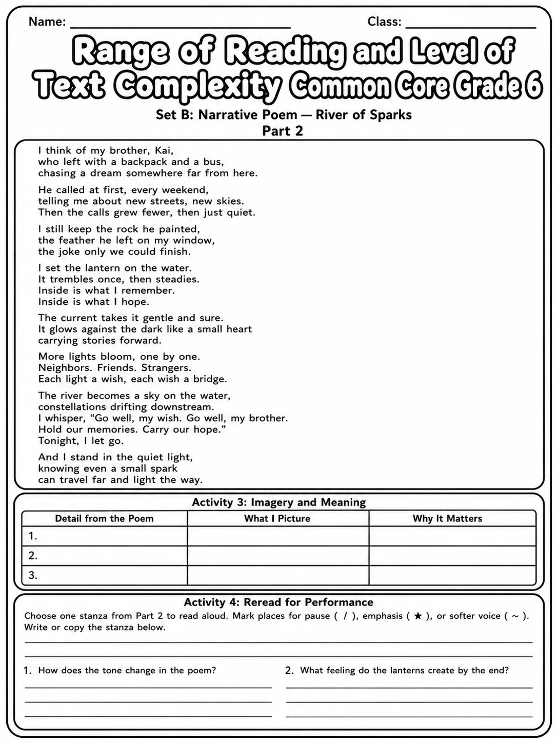 Range of Reading and Level of Text Complexity Common Core Grade 6 page 5 printable Common Core ELA worksheet preview