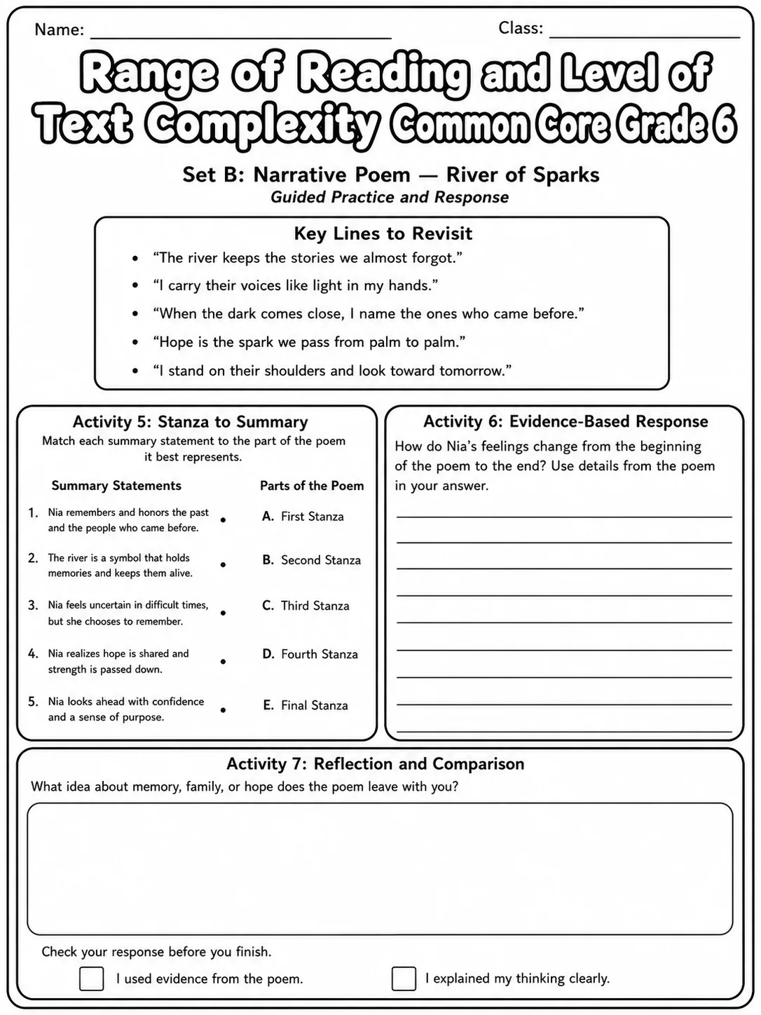 Range of Reading and Level of Text Complexity Common Core Grade 6 page 6 printable Common Core ELA worksheet preview