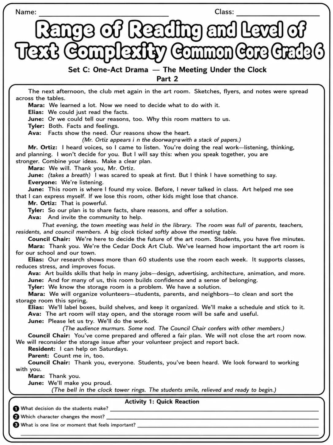 Range of Reading and Level of Text Complexity Common Core Grade 6 page 8 printable Common Core ELA worksheet preview
