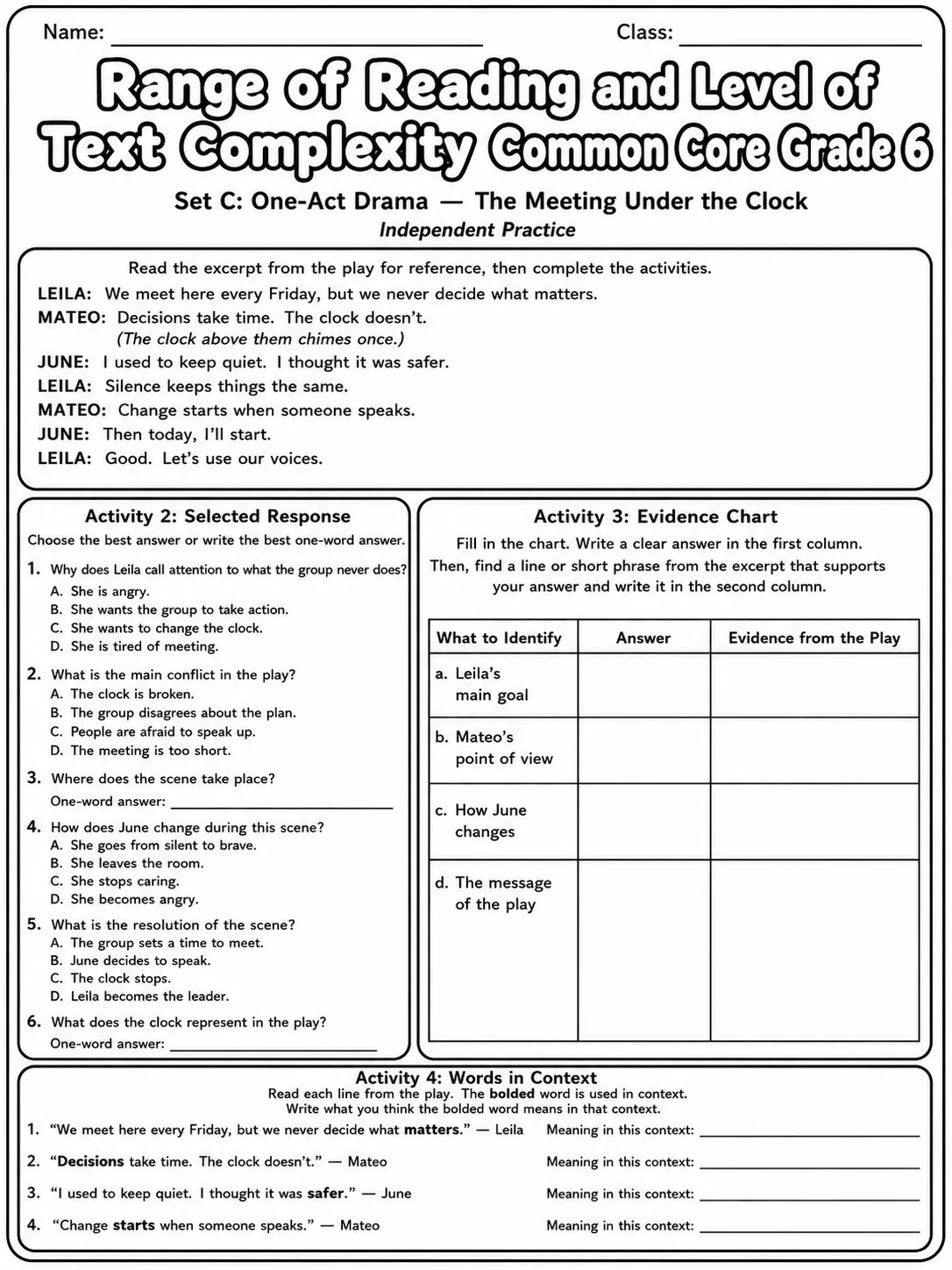 Range of Reading and Level of Text Complexity Common Core Grade 6 page 9 printable Common Core ELA worksheet preview