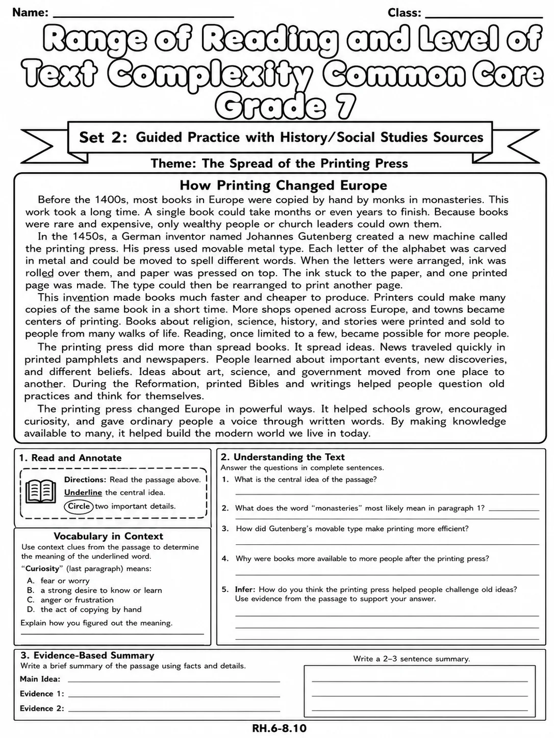 Range of Reading and Level of Text Complexity Common Core Grade 7 page 4 printable Common Core ELA worksheet preview