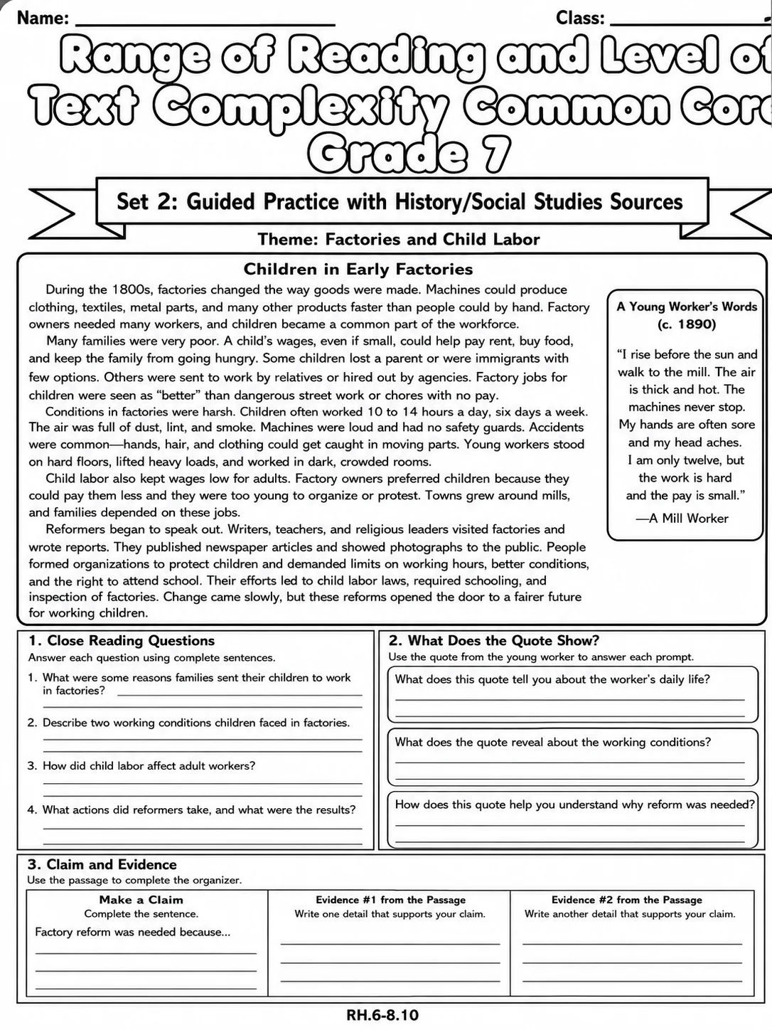 Range of Reading and Level of Text Complexity Common Core Grade 7 page 6 printable Common Core ELA worksheet preview