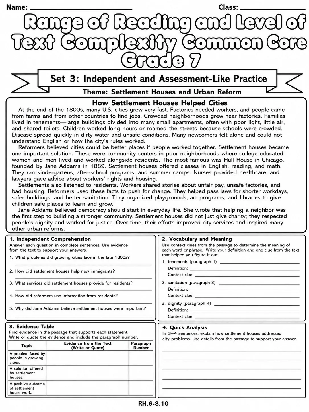 Range of Reading and Level of Text Complexity Common Core Grade 7 page 7 printable Common Core ELA worksheet preview