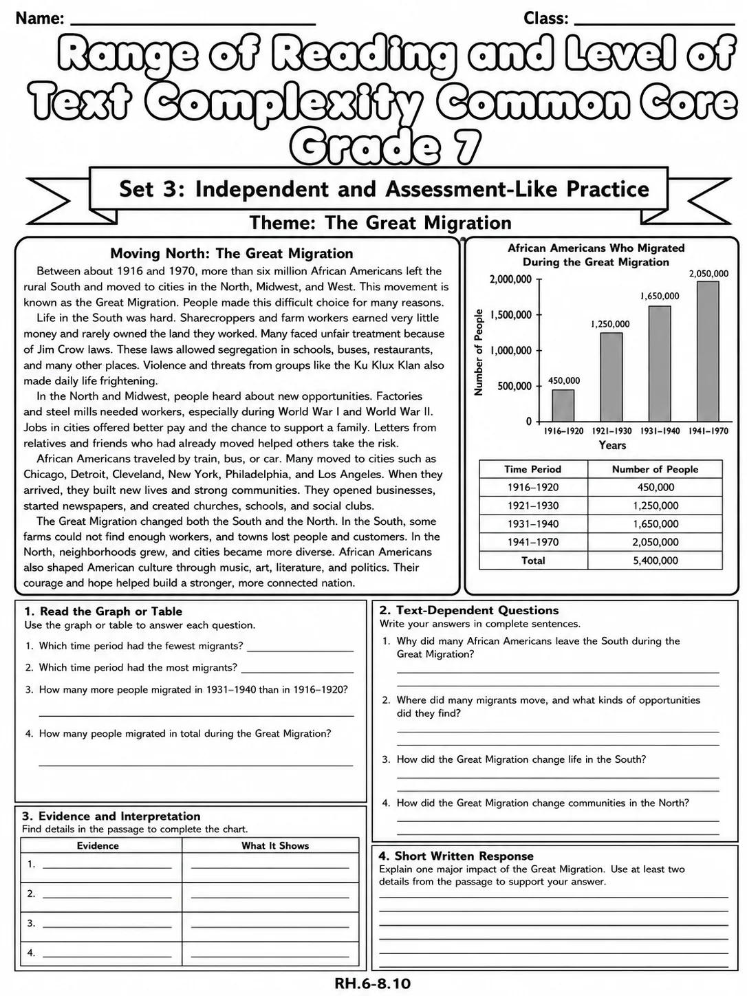 Range of Reading and Level of Text Complexity Common Core Grade 7 page 8 printable Common Core ELA worksheet preview
