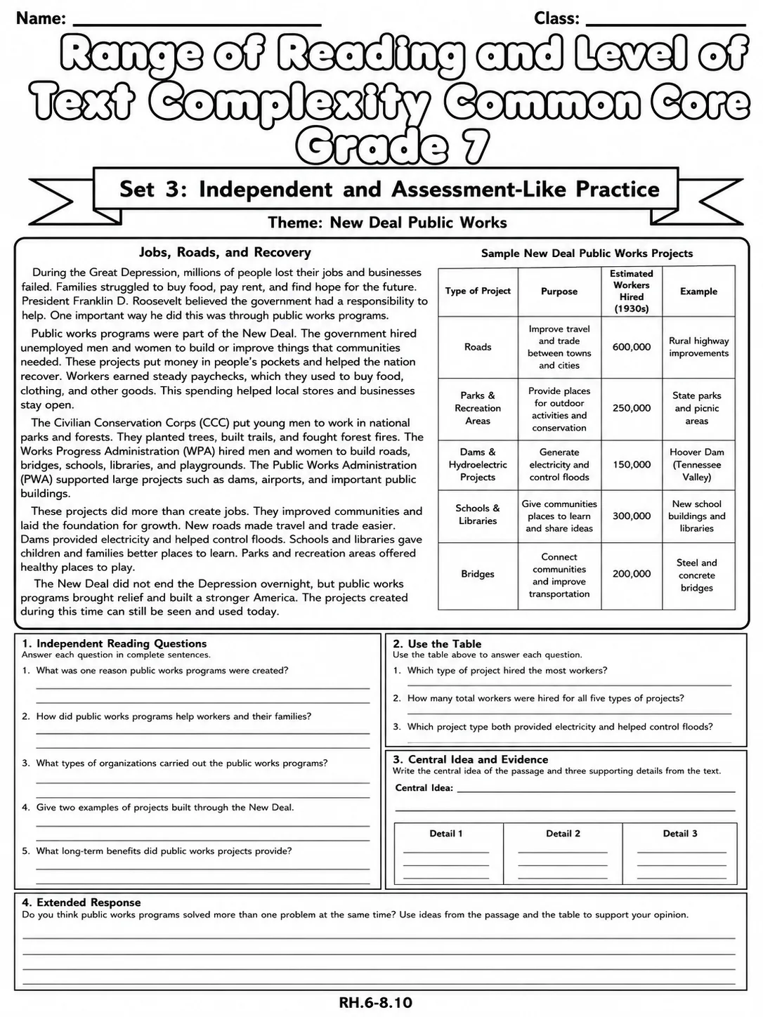 Range of Reading and Level of Text Complexity Common Core Grade 7 page 9 printable Common Core ELA worksheet preview