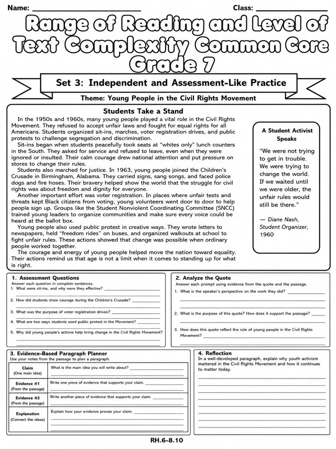 Range of Reading and Level of Text Complexity Common Core Grade 7 page 10 printable Common Core ELA worksheet preview
