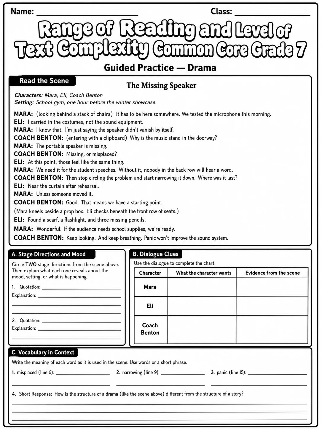 Range of Reading and Level of Text Complexity Common Core Grade 7 page 4 printable Common Core ELA worksheet preview