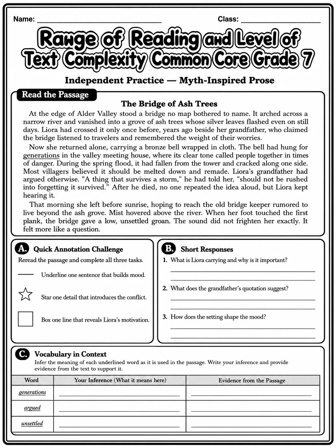 Range of Reading and Level of Text Complexity Common Core Grade 7 page 7 printable Common Core ELA worksheet preview