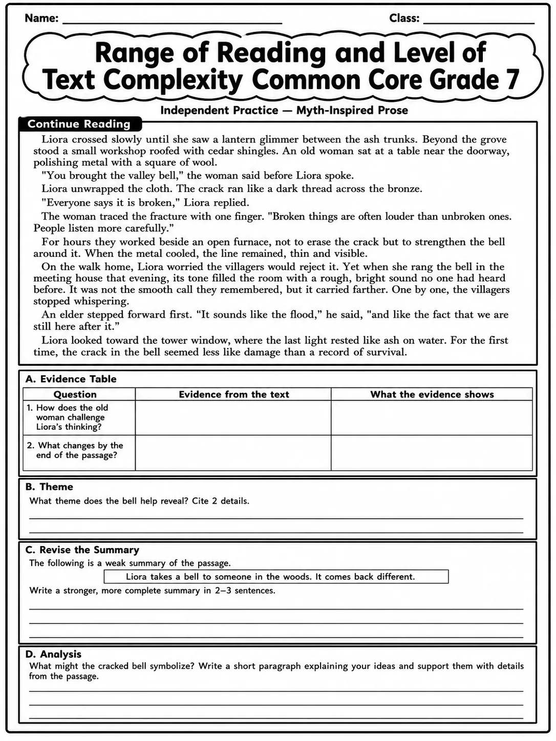 Range of Reading and Level of Text Complexity Common Core Grade 7 page 8 printable Common Core ELA worksheet preview
