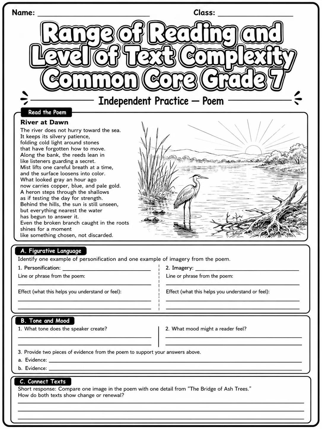 Range of Reading and Level of Text Complexity Common Core Grade 7 page 9 printable Common Core ELA worksheet preview
