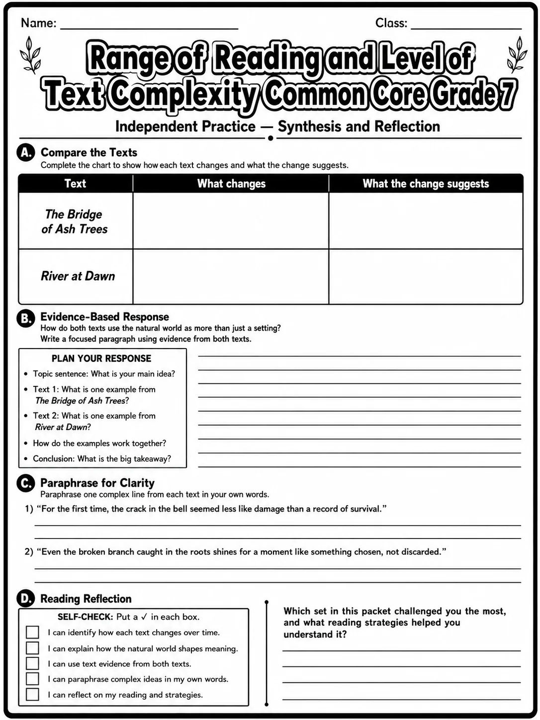 Range of Reading and Level of Text Complexity Common Core Grade 7 page 10 printable Common Core ELA worksheet preview