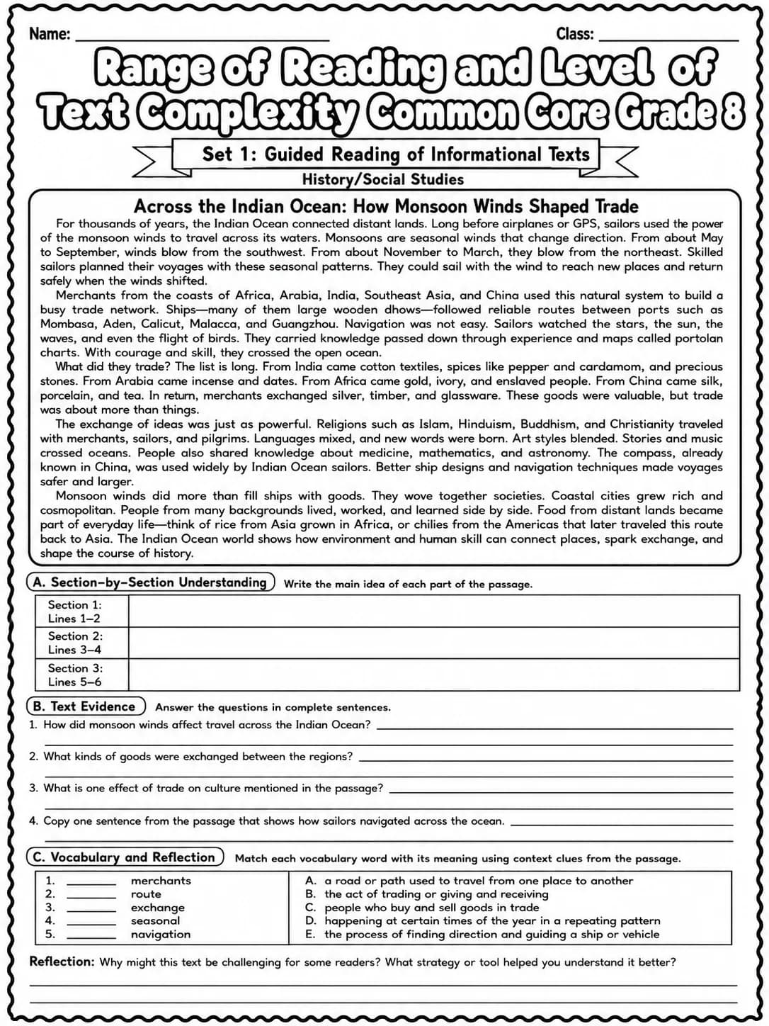 Range of Reading and Level of Text Complexity Common Core Grade 8 page 2 printable Common Core ELA worksheet preview