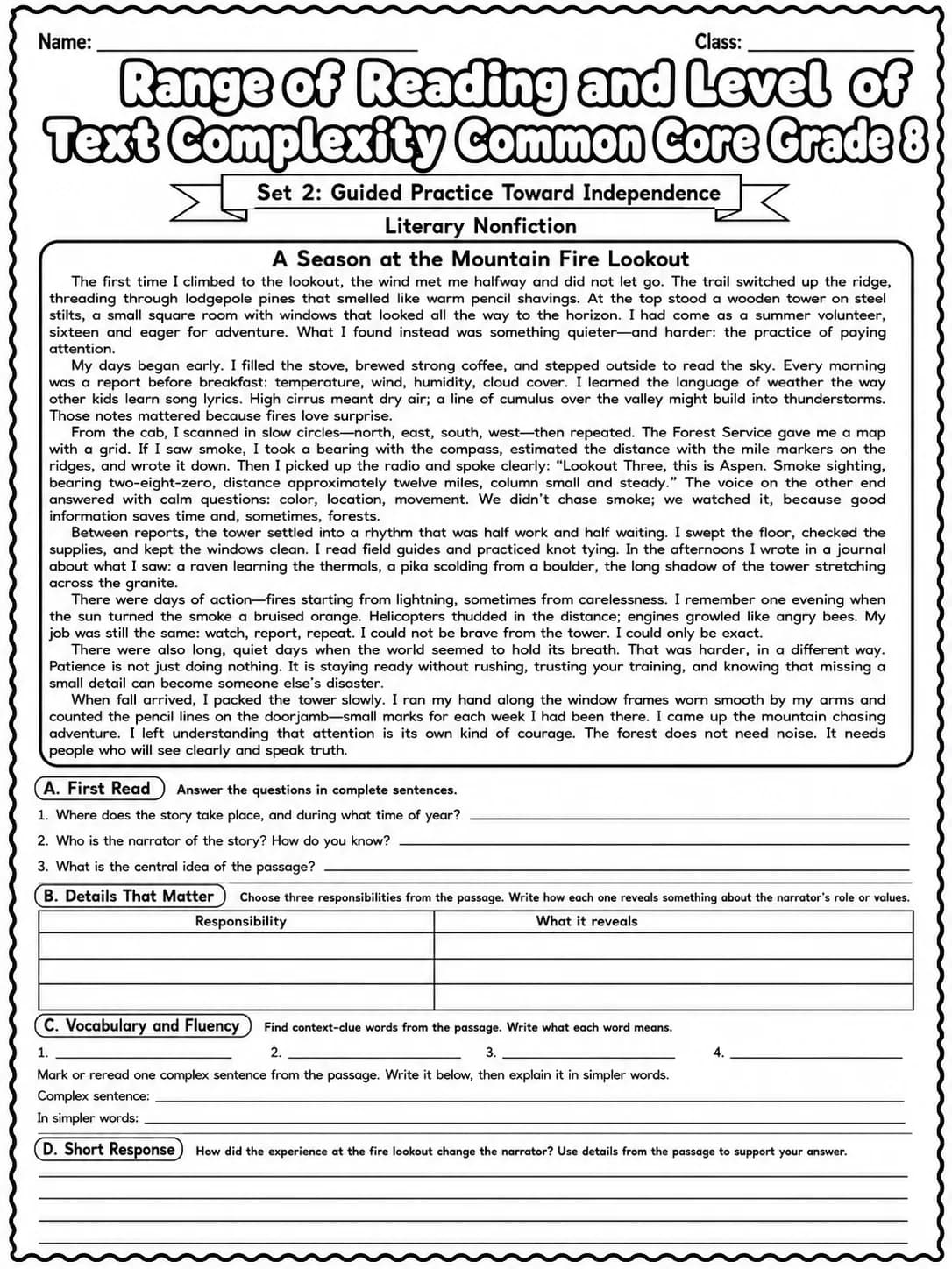 Range of Reading and Level of Text Complexity Common Core Grade 8 page 4 printable Common Core ELA worksheet preview