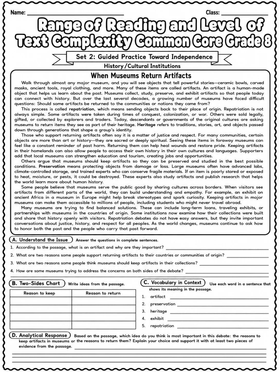 Range of Reading and Level of Text Complexity Common Core Grade 8 page 6 printable Common Core ELA worksheet preview