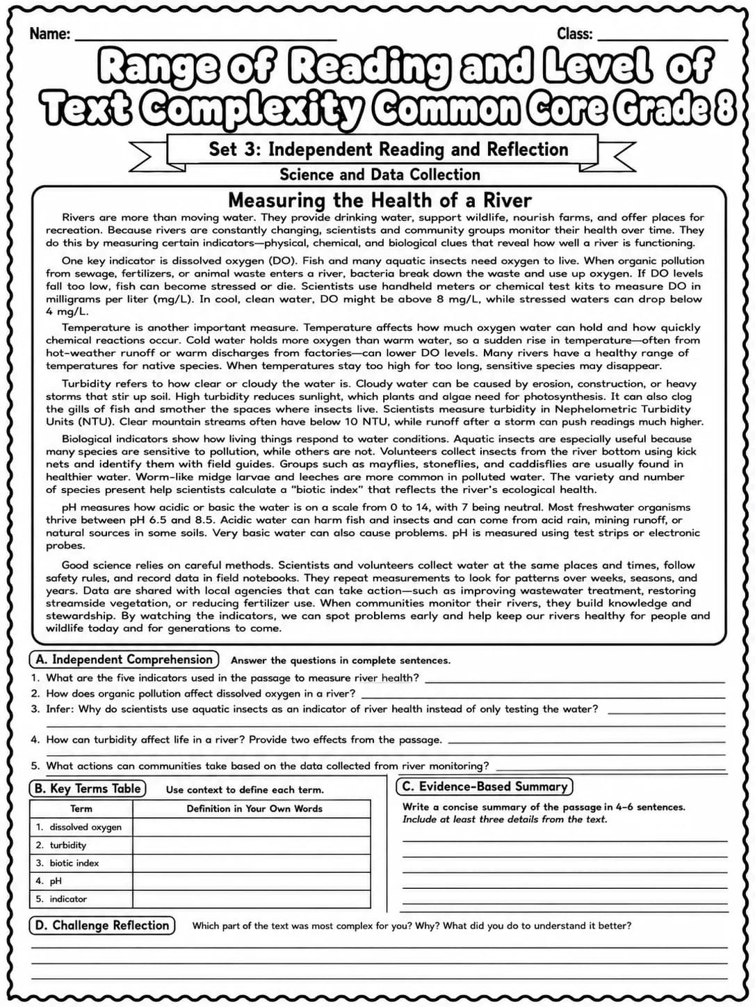 Range of Reading and Level of Text Complexity Common Core Grade 8 page 7 printable Common Core ELA worksheet preview