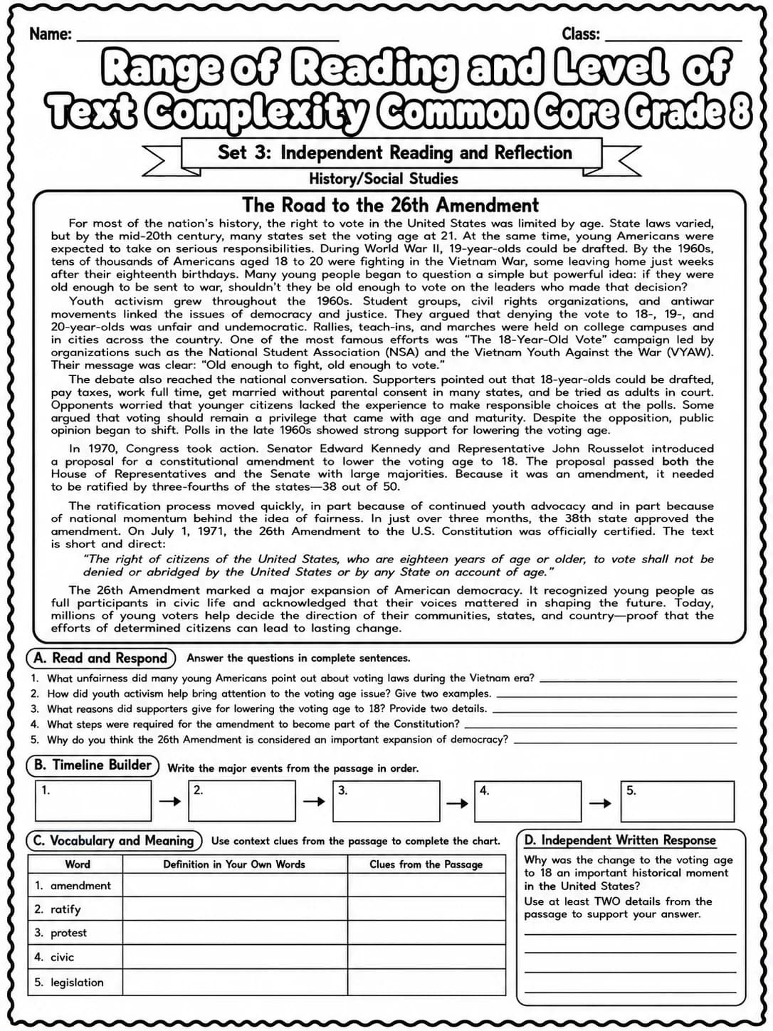 Range of Reading and Level of Text Complexity Common Core Grade 8 page 8 printable Common Core ELA worksheet preview